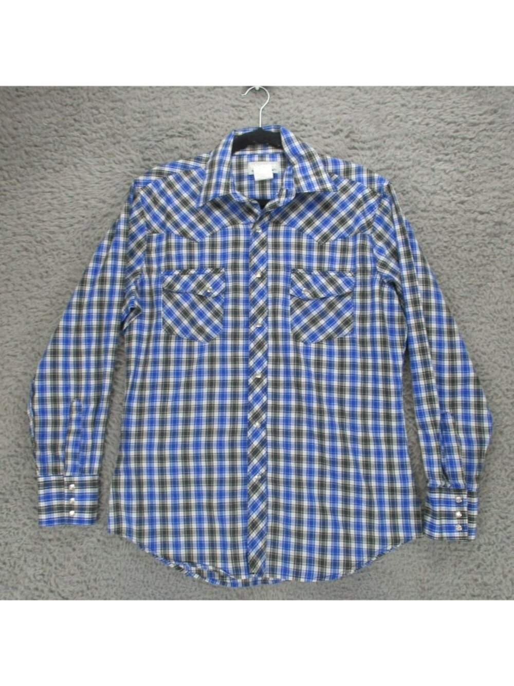 Wrangler Shirt Mens Medium Wrancher Blue Plaid Long Sleeve Pearl Snap